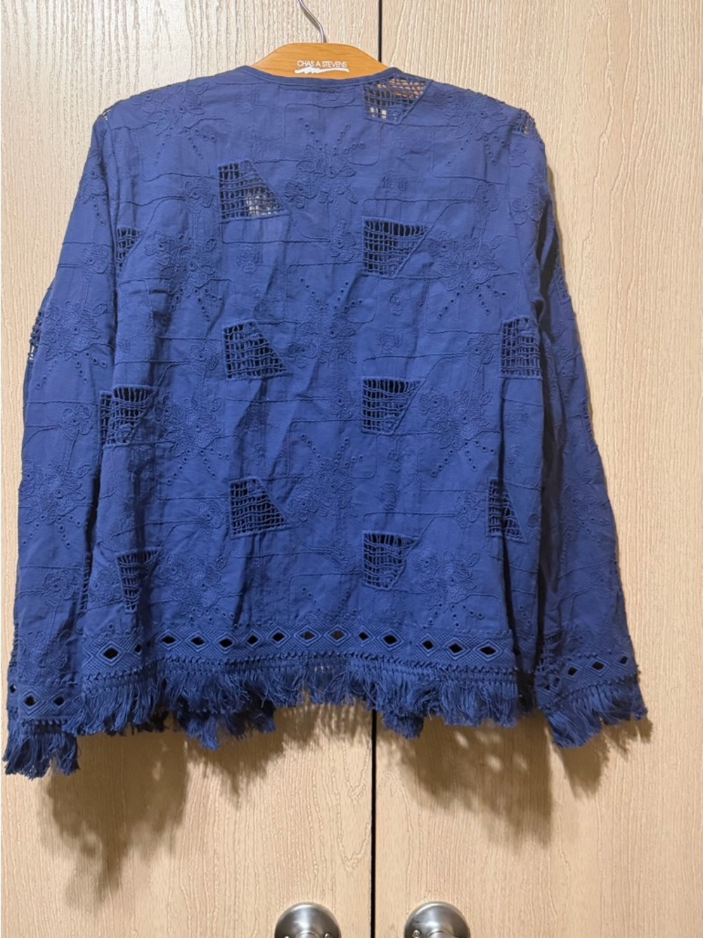 Johnny Was Blue Embroidered Jacket Boho Fringe Open Front Eyelet Size M - Picture 7 of 10
